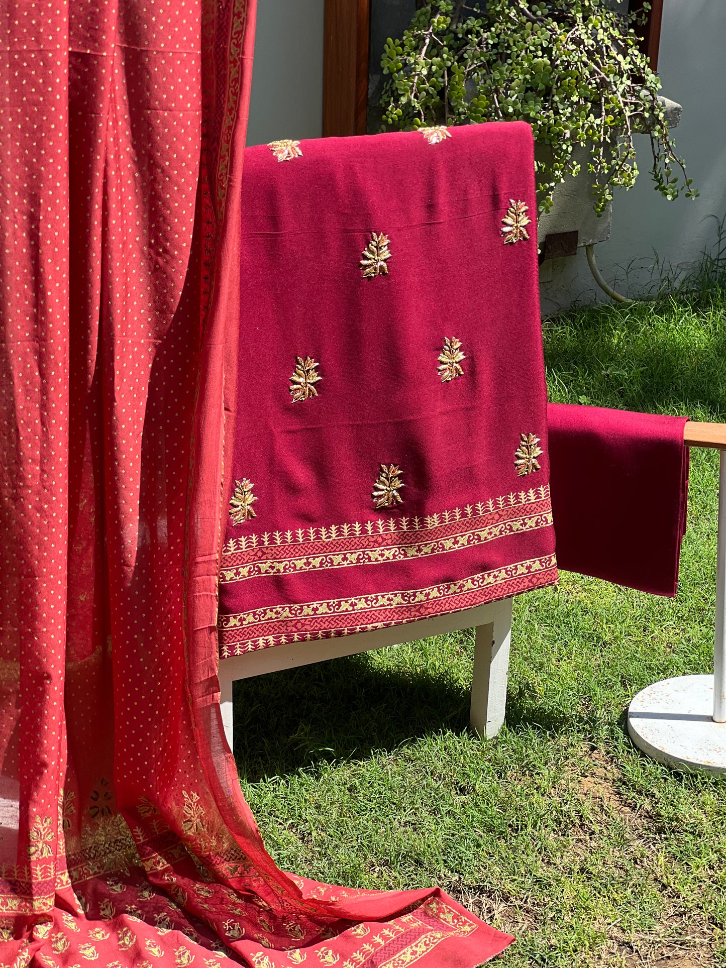 Maroon and rust.