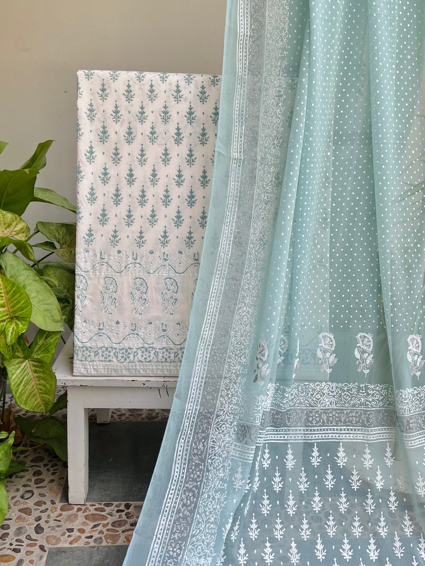 white and turquoise